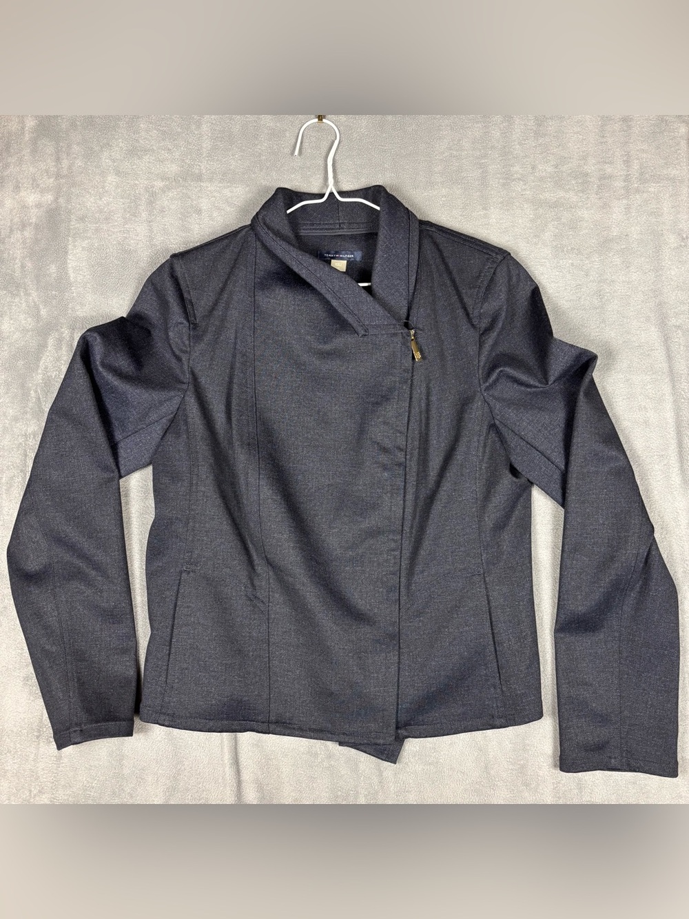 Tommy Hilfiger Womens Size 12 Asymmetrical Zip Blazer Dark Charcoal Gray Stretch
